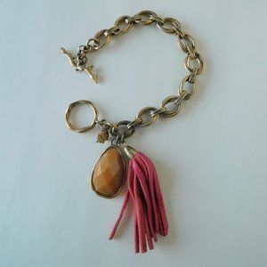 Lucky Brand tassel bracelet antique gold toned Boho pink leather fringe